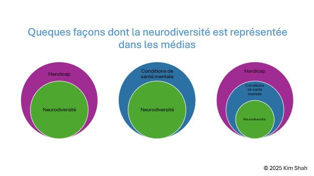 Figure 1: Cette figure présente des observations sur les diverses manières dont la neurodiversité est représentée dans les médias à travers trois diagrammes de Venn, mettant en évidence les récits conflictuels entourant la neurodiversité dans le discours public.